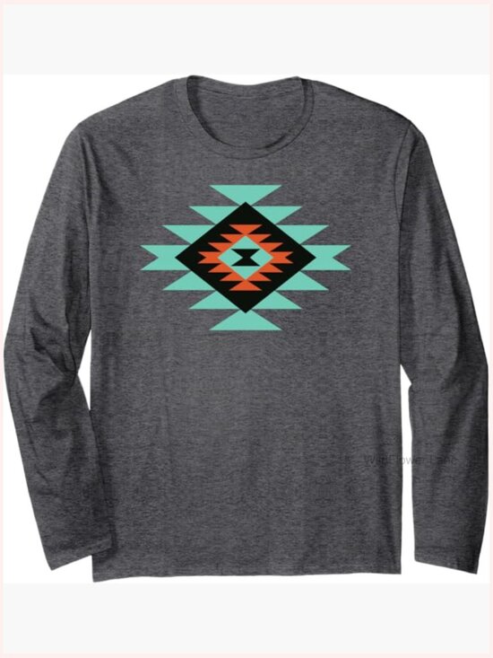 Tops - Geometric Tribal Pattern Long Sleeve T-Shirt Crew Neck Pull On